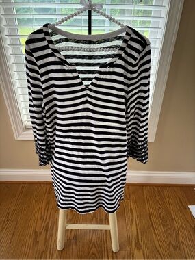 Talbots Petite Dark Navy and White Striped V-Neck Shirt